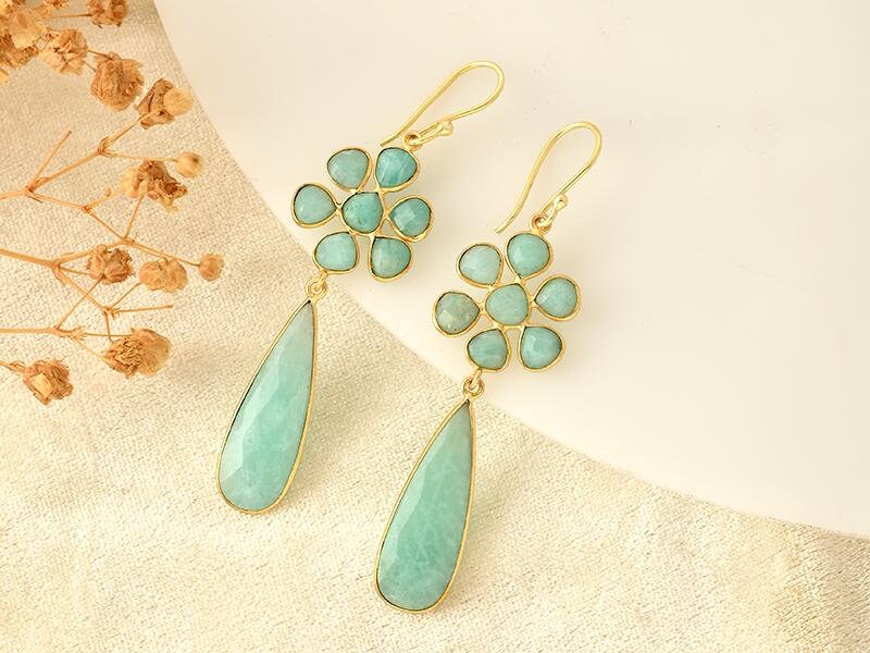 Natural Amazonite Gold Dangle Earring, Handmade Earring,Natural Stone Jewellery,Earrings Gold ,Dangle drop earring,bridal earring,statement