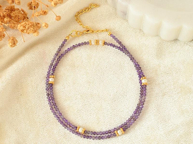 amethyst 2mm Beaded Choker,Dainty Daily Crystal Beaded Necklace, Genuine Purple Gemstones, Mother's Day Gift,February birthstone choker,gift