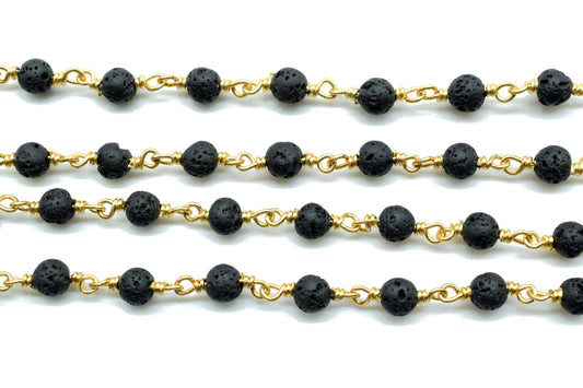 Black Lava Rock 4mm Round Beaded Wire Wrapped gold Polished Plated Chain - Beaded Chain,Black Lava Rosary Chain,Delicate Rosary Beaded Chain