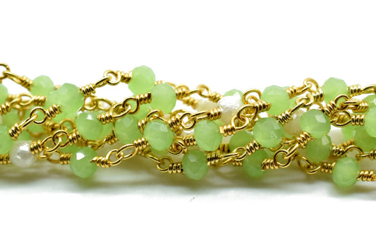 CHrysoprase faceted Rosary Style Beaded Chain -Chrysoprase 3mm Beads wire wrapped chain ,Gold Rosary Long Layering Necklace,pearl rosary