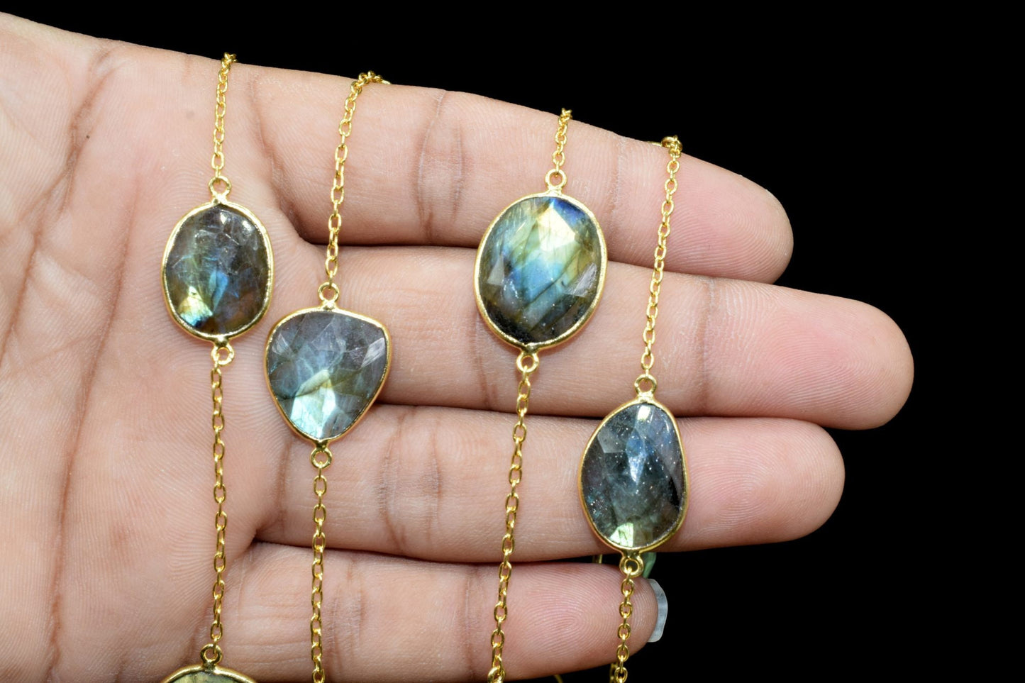Blue Flashy Labradorite connector link Chain-Natural Labradorite Bezel Chain,Labradorite Oval Shape Connector Chain,Labradorite bezeld chain