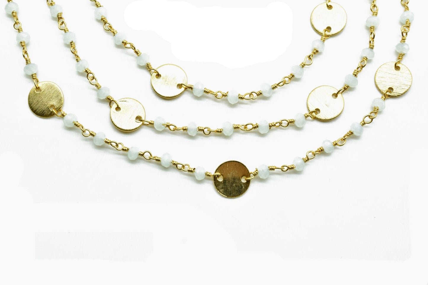 Aqua Chalcedony 3-3.5mm Rondelle Faceted circle Charm,24K Gold Plated Rosary Chain,Chalcedony Beaded Chain,Beaded Gold Plated Wire Wrapped