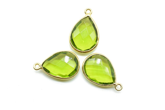 Peridot 12x16mm Teardrop Bezel charm,Elegant Peridot Gemstone Components Pear Shape Connectors,Single Bail Over Brass Gold Edge Jewelry