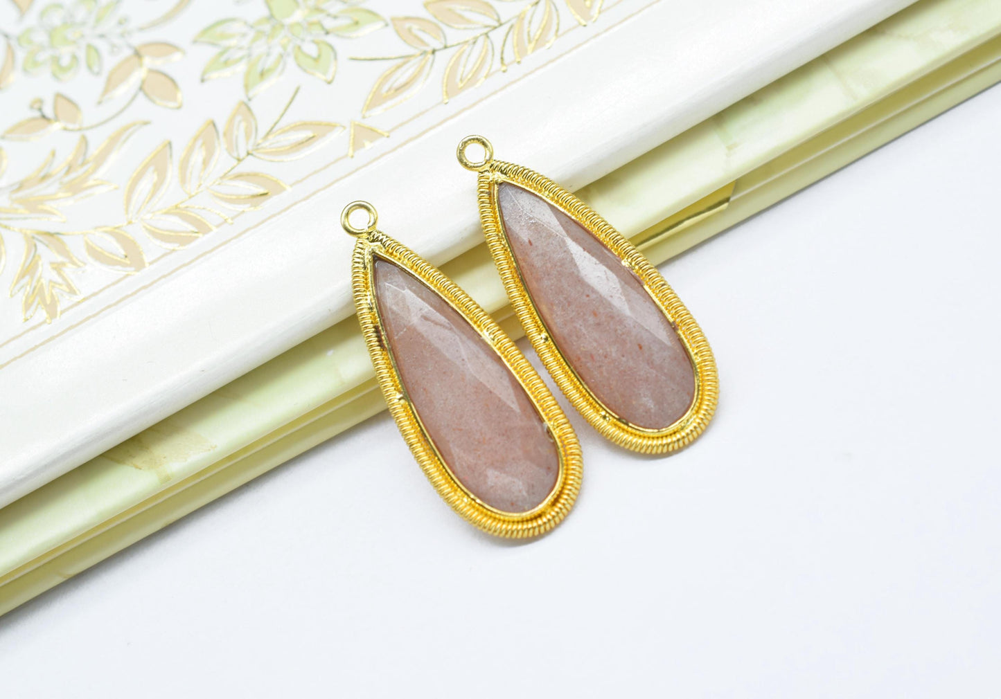 Peach Moonstone 10x30mm Charms,Gemstone Bezel connector,Component Pendant,Moonstone Jewelry,Designer Pendant/Handmade Charms,Bday Gift