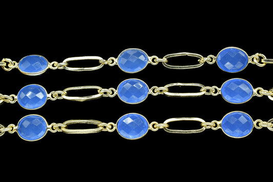 Blue Chalcedony Wire Wrapped Bezel Bead Chain,Link Connector Chain,Chalcedony Bezel ConnectorChain,Gold Plated Gemstone Chain,Bracelet Chain
