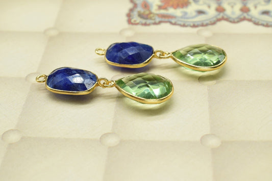 Multi Stone Pendant Charm,Station Bezel Link,Multi Shape Connector,Green Amethyst Jewelry,Blue Sapphire Earring Connector,Handmade Pendant