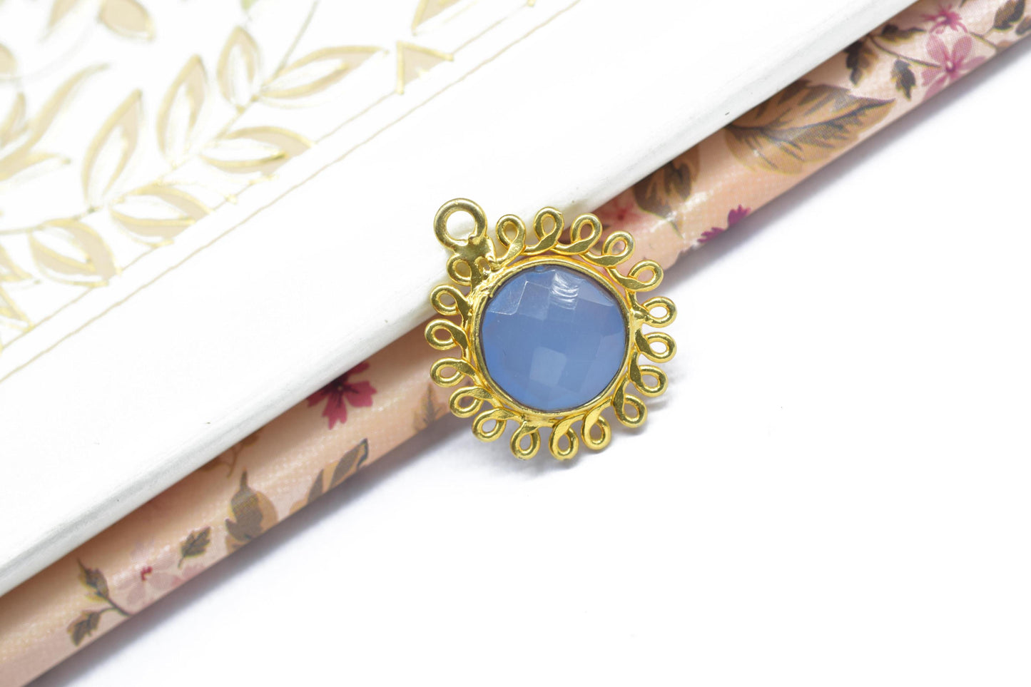 Blue Chalcedony 10mm Round Bezel Charm,Gemstone Brass Component,Single Bail Pendant,Round Faceted charms,Handmade Jewellery Connector,Gift