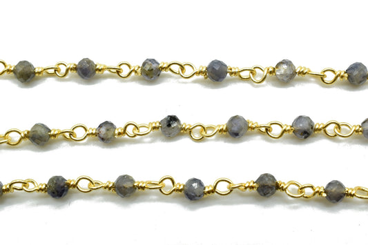 Iolite 3mm Beaded Chain,Gemstone Rosary Chain, 3mm,Faceted Beads, 24k Gold Plated Wire Wrapped Chain, Beaded Chain Jewelry,Blue Iolite Beads