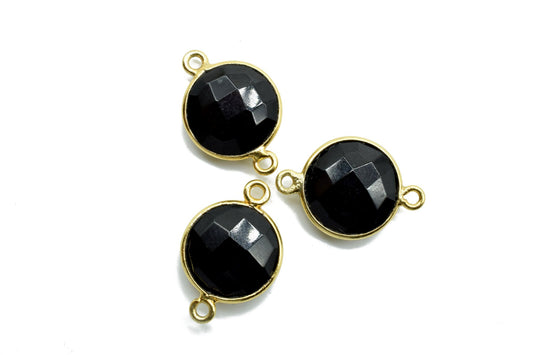 Black onyx 12mm round Double bail connectors,Black onyx Pendant,Black onyx Round Gold Plated bezel,jewelry making charm,black onyx connector