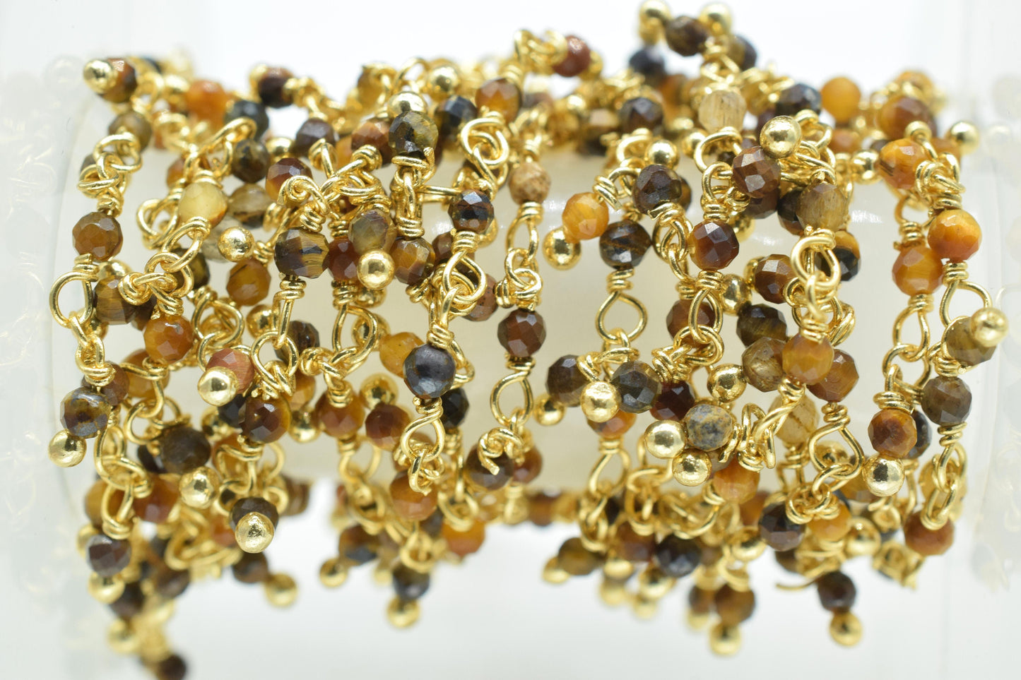 Tiger Eye 2mm Cluster Rosary Chain,Gemstone Chain,Wire Wrapped Necklace Chain,Tiger Eye Dangling Faceted Chain,Handmade Station Link Jewelry