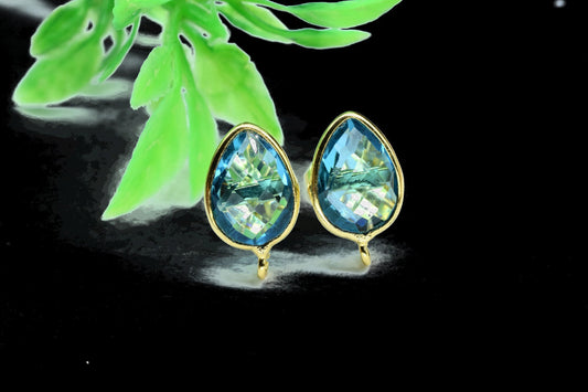Sky Topaz 10x14mm Teardrop Earring Connector,Jewelry Making Supply,Ear Post Studs Connectors,Sky Topaz Ear Studs,Teardrop Earring Connector,