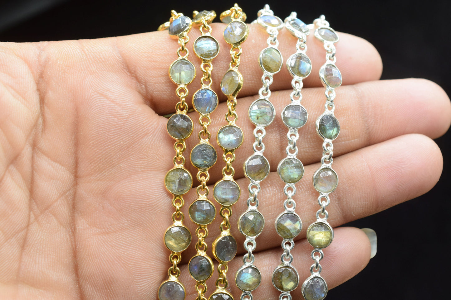 Labradorite 6mm Round Bezel Connector Chain,Gold Plated Gemstone Connector Chain,Bracelet Chain,Bezel Continuous Connector Chain by foot,