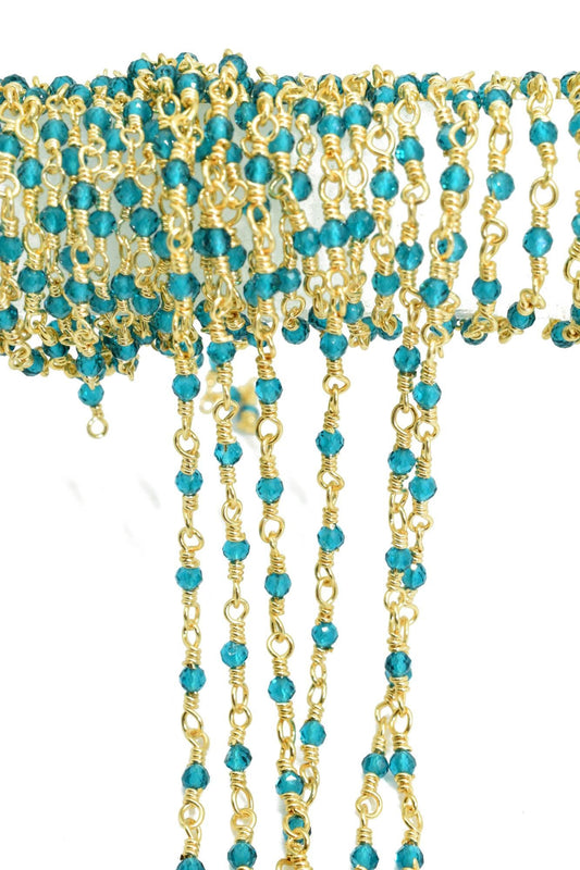 Blue Topaz 2mm Beaded Chain,Blue Topaz Rosary,Gold Plated Wire Wrap Chain,Brass chain,Jewelry Making Chain,Rosary chain,Gold vermeil chain