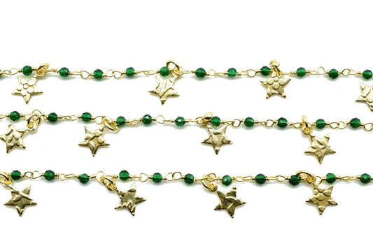 Green onyx 2mm Beaded & Star Charm Chain,Gold Plated Rosary Chain,Wire Wrapping Gemstone Chain, Gemstone chain,Anti-Tarnish Finished chain