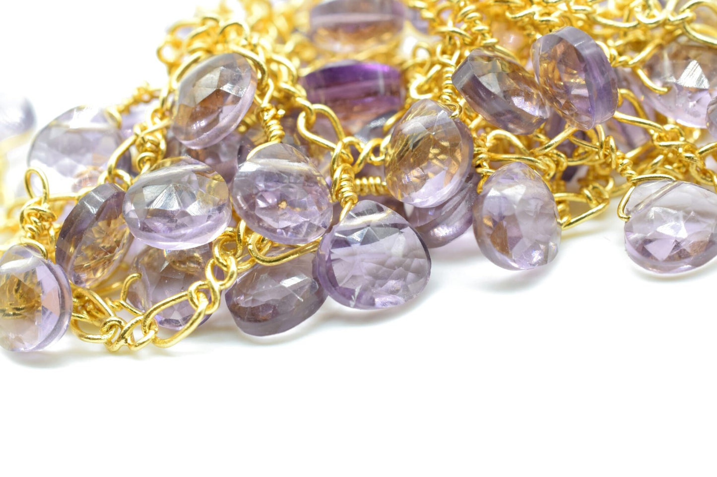 Amethyst 6mm Heart shape Briolette Chain,Briolette Wire Wrapped Gemstone chain,Faceted Rosary Chain,Handmade Gemstone rosary style chains