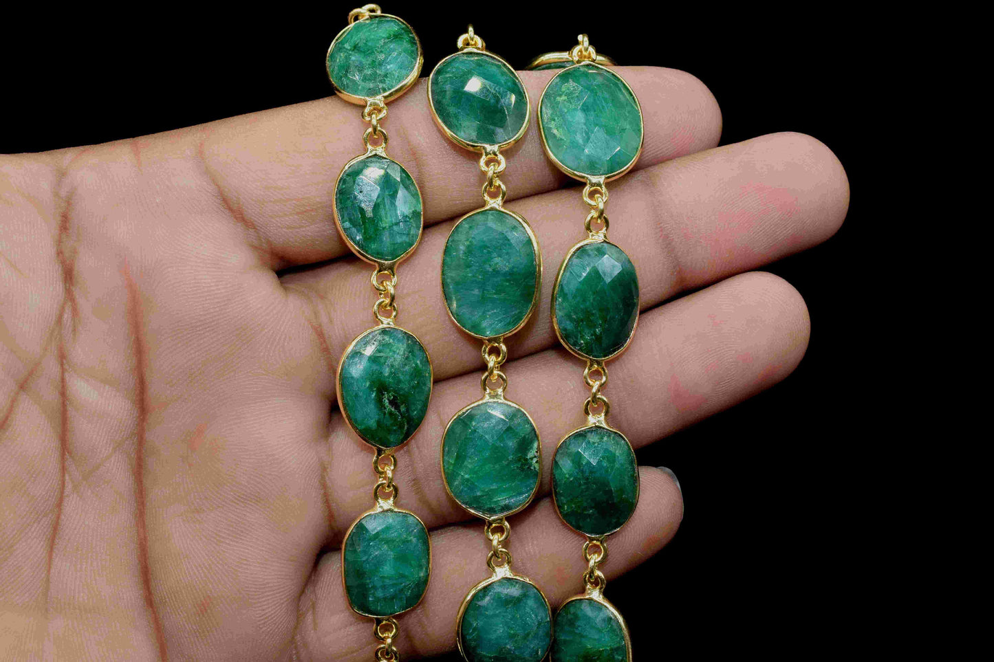 Natural Emerald Faceted Connectors,Gold Plating Bezel Chain,Irregular Shape Gemstone Bezels Chain,Handmade Bezel Link Chain,Emerald Jewelry