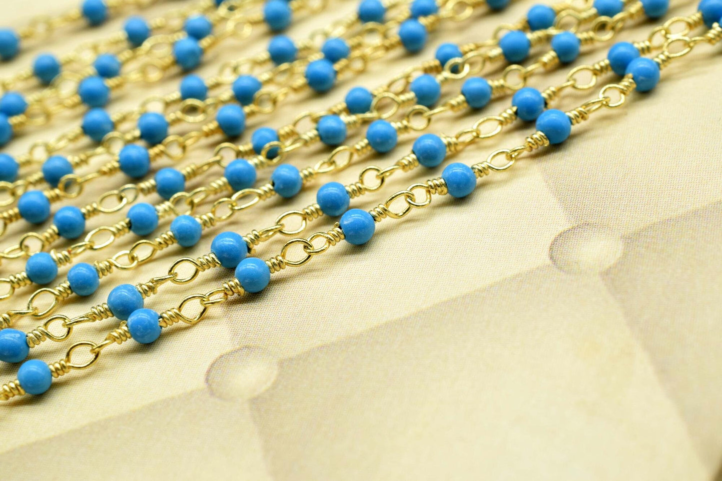 Turquoise Rosary 3mm Beaded Chain, Wire Wrapped Gold plated Blue Boho Howlite Chain for Necklace Bracelet,Turquoise Bead Chain,making,boho
