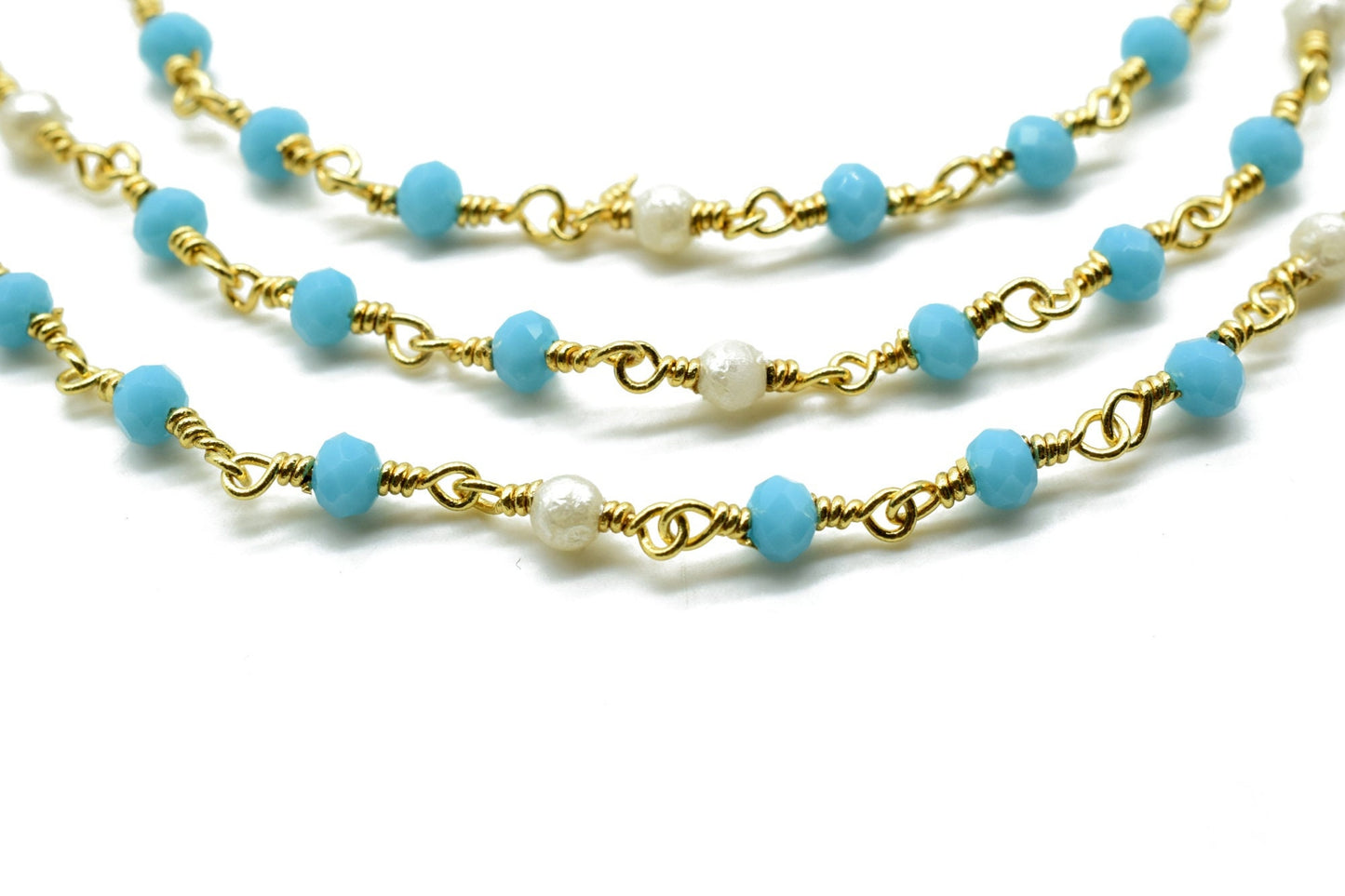 Turquoise Agate 3mm Beaded Chain,Turquoise Faceted Beads Wire Wrapped Chain,pearl chains,Jewelry Making Chain,Turquoise Beads rosary Chain
