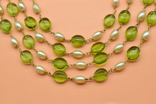 Pearl And Peridot Rosary Beaded Chain, Peridot And Pearl Wire Wrapped Rosary Chain, Gold Plated Wire Wrapped Rosary Chain for Making Jewelry