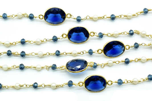 3mm Apatite Rosary,London Blue Topaz Bezel Link Chain,Pearl Beaded Rosary,Dual Gemstone Rosary Chain,Gold Plated Bezel Chain,Beaded Chain