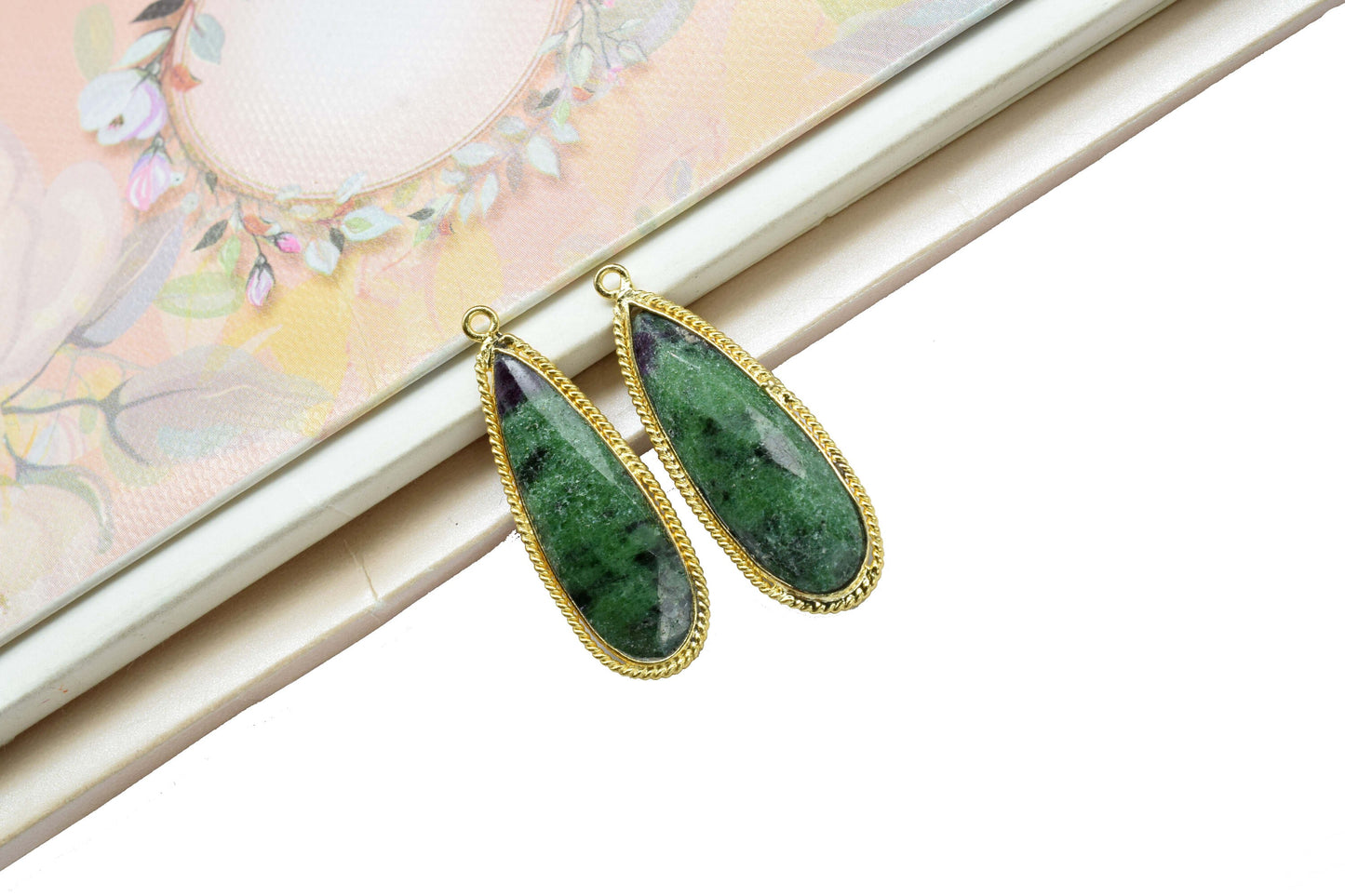 Natural Ruby Zoisite 10x30mm Bezel charm,Station Connector,jewelry making Craft,Single bail Gemstone Teardrop,Handmade Bezel Link,Bezel Set