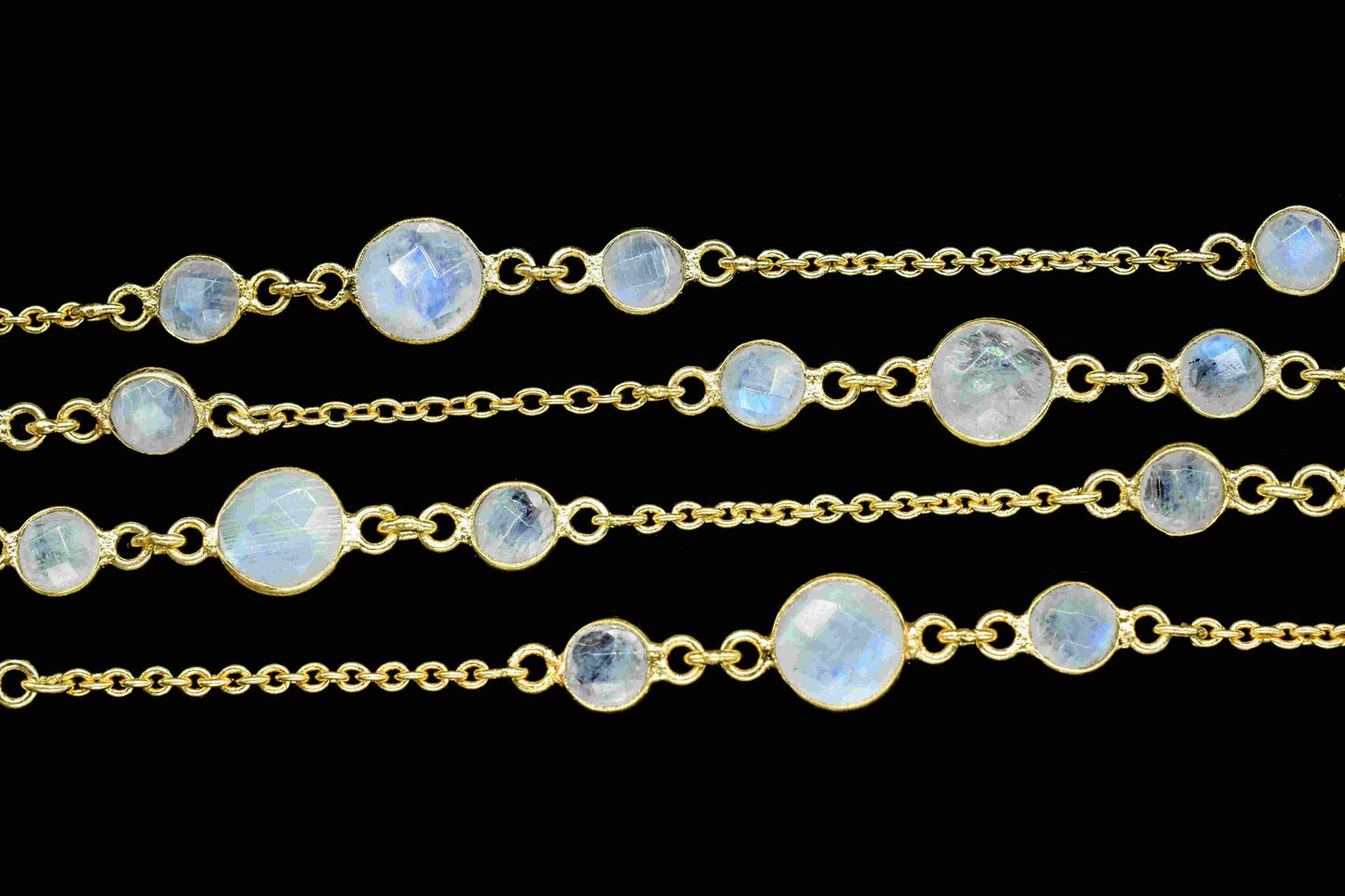 Rainbow Moonstone Bezel Chain Connector, Gold Plated Gemstone Chain, Bracelet Chain,Round Bezel Beads Rosary Chain,Rainbow Jewelry Connector