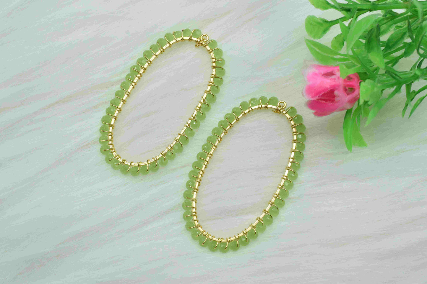 Prehnite Wire Wrapped Connectors,Prehnite Earring,Oval Shape Pendant Components,Beaded Hoops Findings Component,Prehnite Quartz Jewelry,Gift