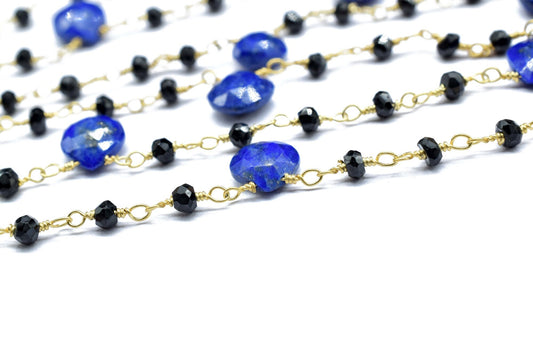 Natural lapis heart shape 5-7 approx and beads Wire Wrapped Beaded Chain 3mm Approx , black onyx Wire Wrapped Rosary Chain,gemstone rosary