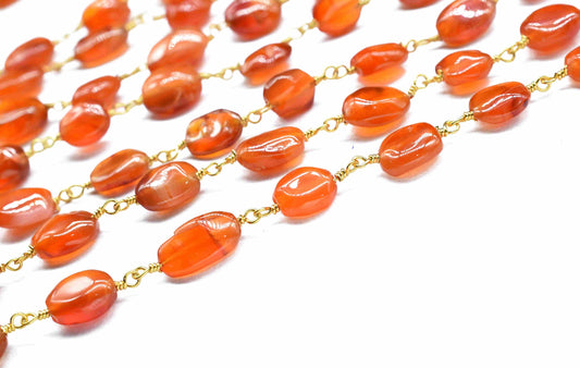 Carnelian Gemstone Beads Link Chain,Carnelian Gemstone rosary style Handmade Jewelry,Carnelian Smooth Oval Shape Wire Wrapped Beads Rosary