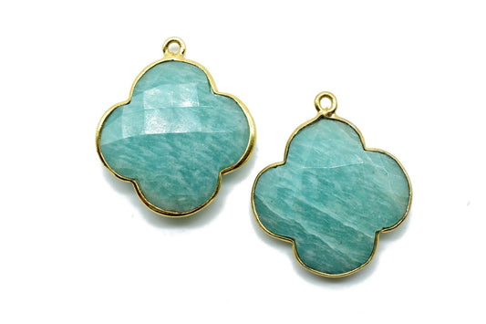 Amazonite 20mm Clover Shape Connector,Gold Plated Single Bail Gemstone Connector,Faceted Clover Shape Gemstone Bezel,Clover Charm Pendants