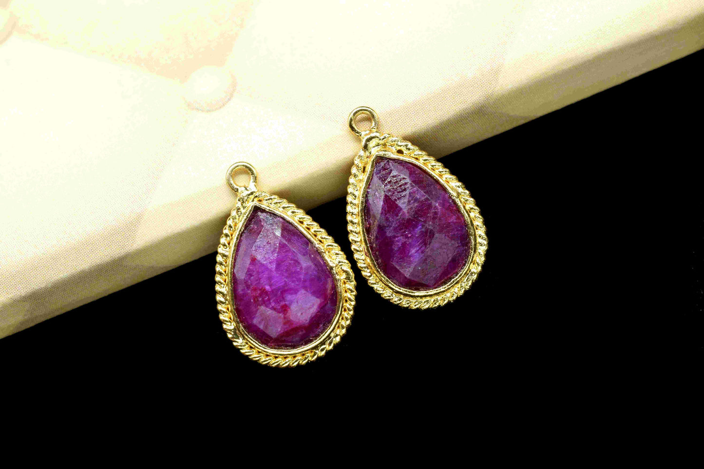 Ruby Teardrop Shape Connector,Gold Plated Link Connectors,Ruby 9x13mm Bezel Charms Connectors,Handmade Connector Jewelry,Ruby Charms Jewelry