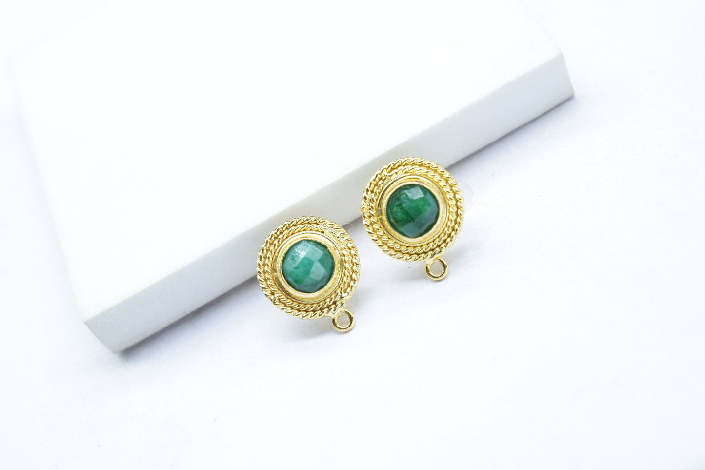 Emerald Gemstone Earring Connector/Emerald Round Earring/Designer Earrings/Gold Plated Jewelry/Handmade Jewelry/Emerald Earring Connectors