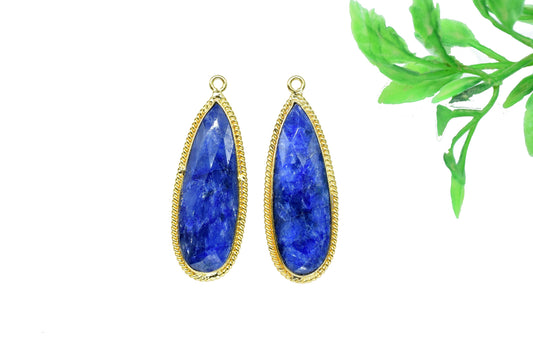 Blue Sapphire Faceted 10x30mm Pear Shape Charm,Sapphire Gold Plated Charms Pendant,Blue Sapphire Connectors,Sapphire Single Bail Connector