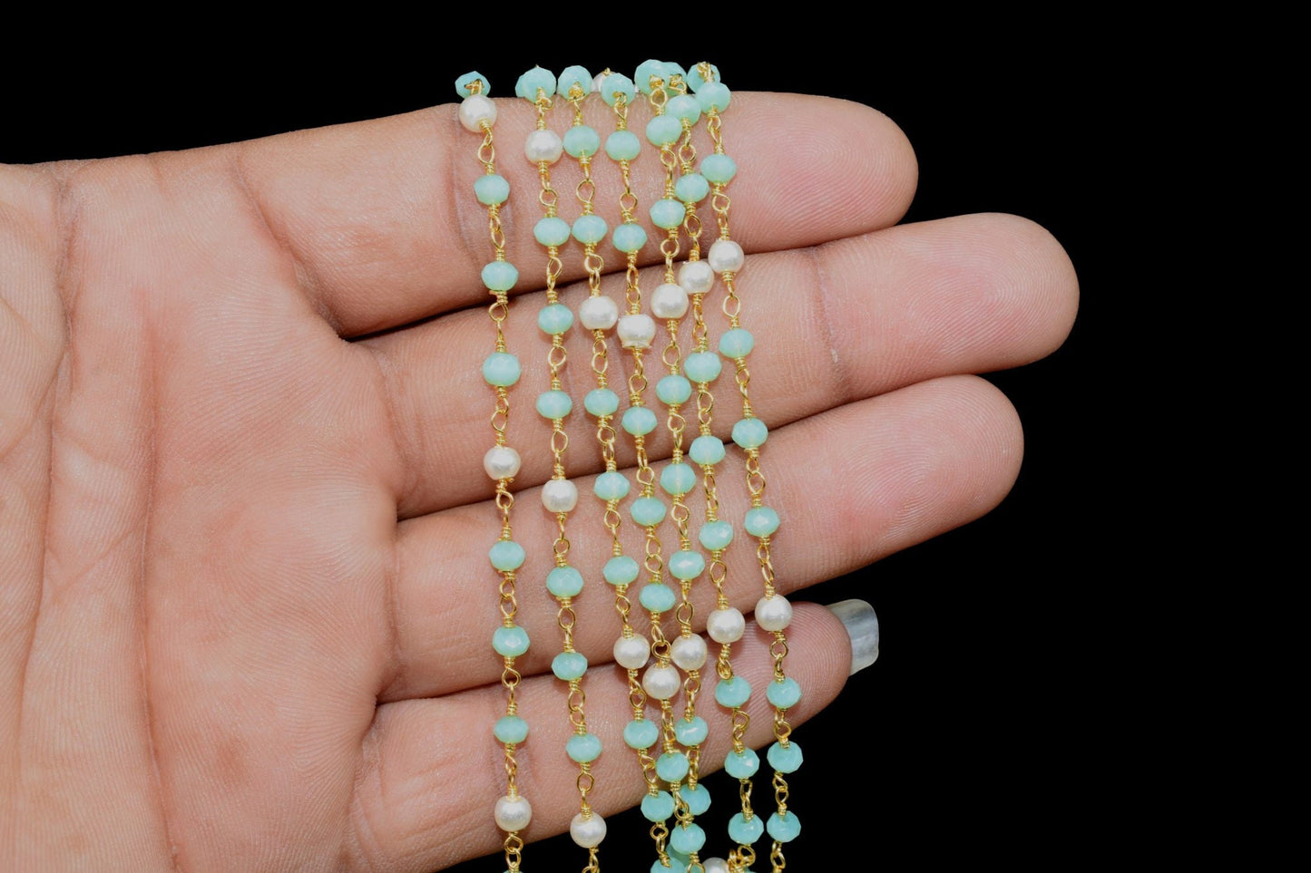 Aqua Hydro Rondelle Beaded Rosary Chain,Gemstone Rosary Chain,Handmade Jewelery Making Craft,Pearl Wire Wrap Rosary Chain,Finding Chain Gift