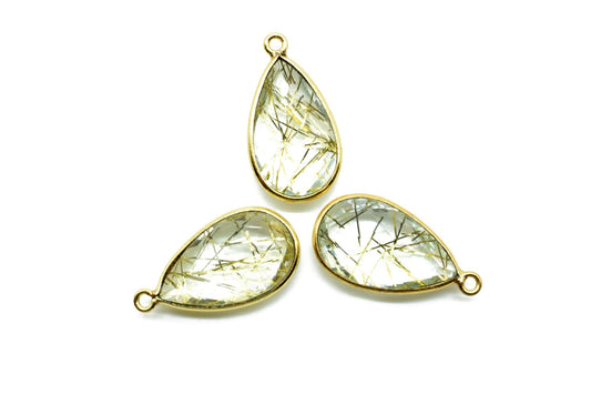 Golden Rutile 12x20mm Pear shape charm,Rutile Pear pendant,Rutile Gold Plated bezel,jewelry making charms craft,Birthstone charms,Rutile
