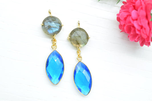 Labradorite Prong Bezel Charms Connector/Blue Topaz Jewelry/Earring Connector/Station Bezel Link Pendant/Handmade Jewelry/Women Jewelry/Gift