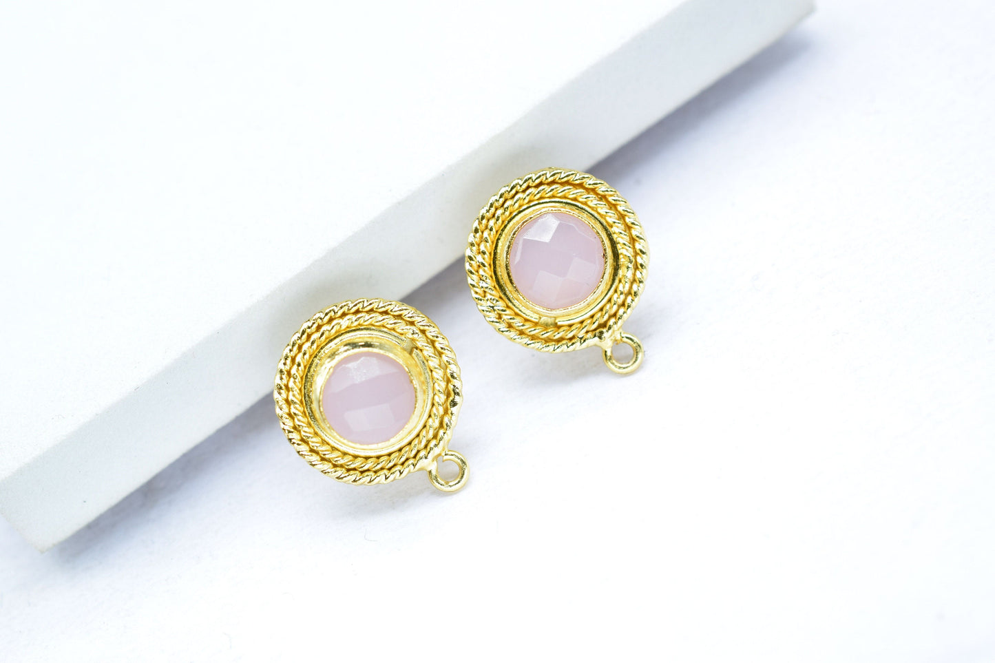 Rose Quartz Gemstone Earring/Rose Quartz Round Earring/Designer Bezel Earring/Gold Plated Jewelry/Handmade Jewelry/Earring Connector/Gift
