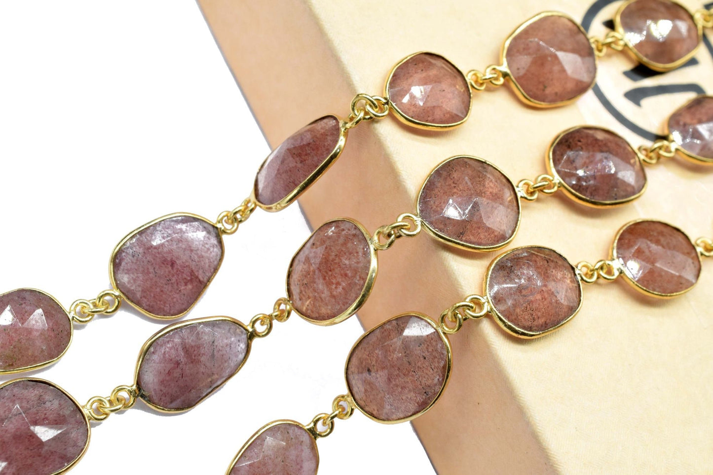 Pink Strawberry Faceted Connector,Gold Bezel Chain,Free Size Gemstone Connector,Station Handmade Bezel Link Chain,Pink Stawbery Jewelry,Gift