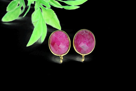 Ruby 10x12mm oval Earring Connector,Jewelry Craft Supplies,Ruby connectors post studs,Gold Plated Earring Connector,Genuine Ruby Connector