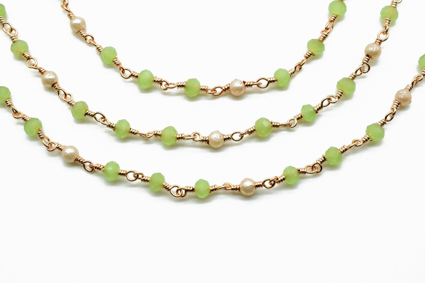 CHrysoprase faceted Rosary Style Beaded Chain -Chrysoprase 3mm Beads wire wrapped chain ,Gold Rosary Long Layering Necklace,pearl rosary
