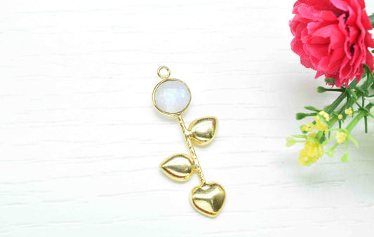 Moonstone Round Shape Pendant , Moonstone Single Bail Charms ,Genuine Gemstone Charms , Gold Plated Gemstone Connectors , Summer Collection