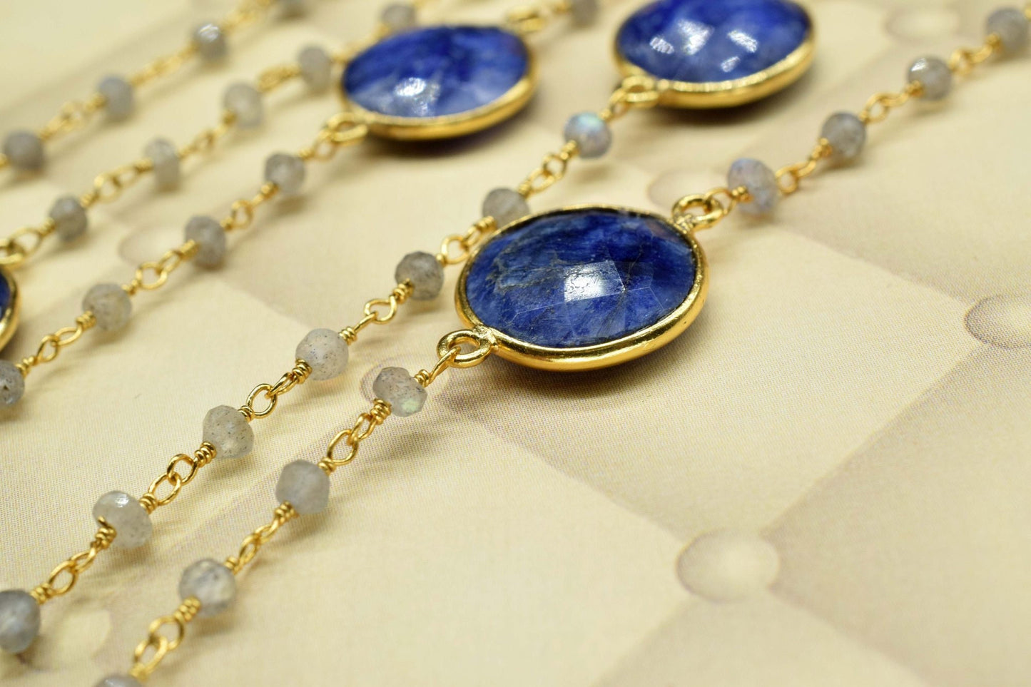 labradorite Beaded rosary chain ,sapphire connector Chain,Sold By Foot,labradorite wire wrapped chain,sapphire rosary,gemstone,dual stone,