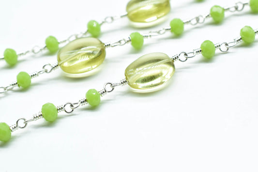 Lemon Quartz Oval Shape Rosary Chain,Chrysoprase Beaded Rosary Chain,Finding Wire Wrap Necklace Chain,Gemstone Rosary Jewelry Making Gift