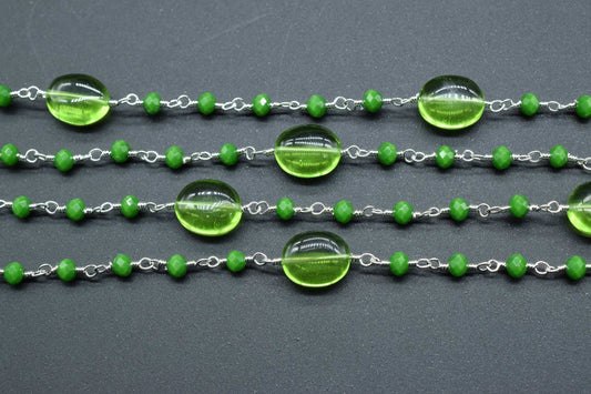 Natural Peridot Smooth Oval Rosary Style Beaded Chain,Gold Plated Wire Wrapped Chain,Gemstone Linked Handmade Chain,Jewelry Making,Per Foot