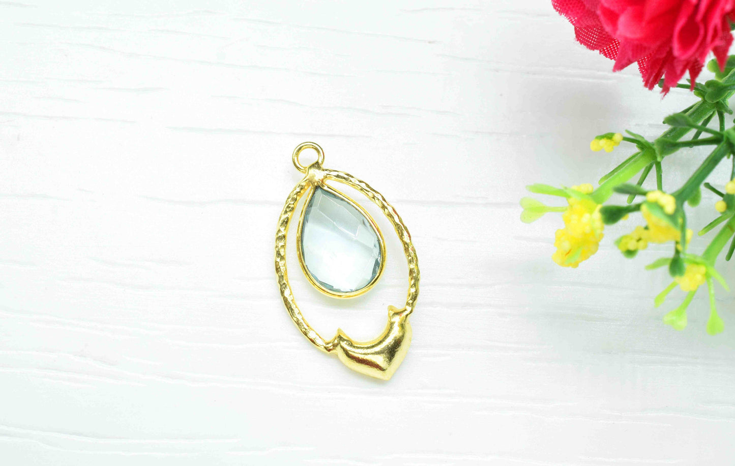 Sky Topaz Pear Shape Pendant , Sky Topaz Quartz Handmade Pendant , Multi Gemstone Charms , Gold Plated Gemstone Connectors ,B'day Gift