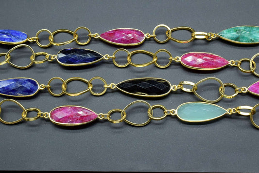 Natural Multi Precious stone 10x30mm long briolette connector link Chain,Ruby Bezel Chain,Emerald Chain,Sapphire chain,link chain,bezels
