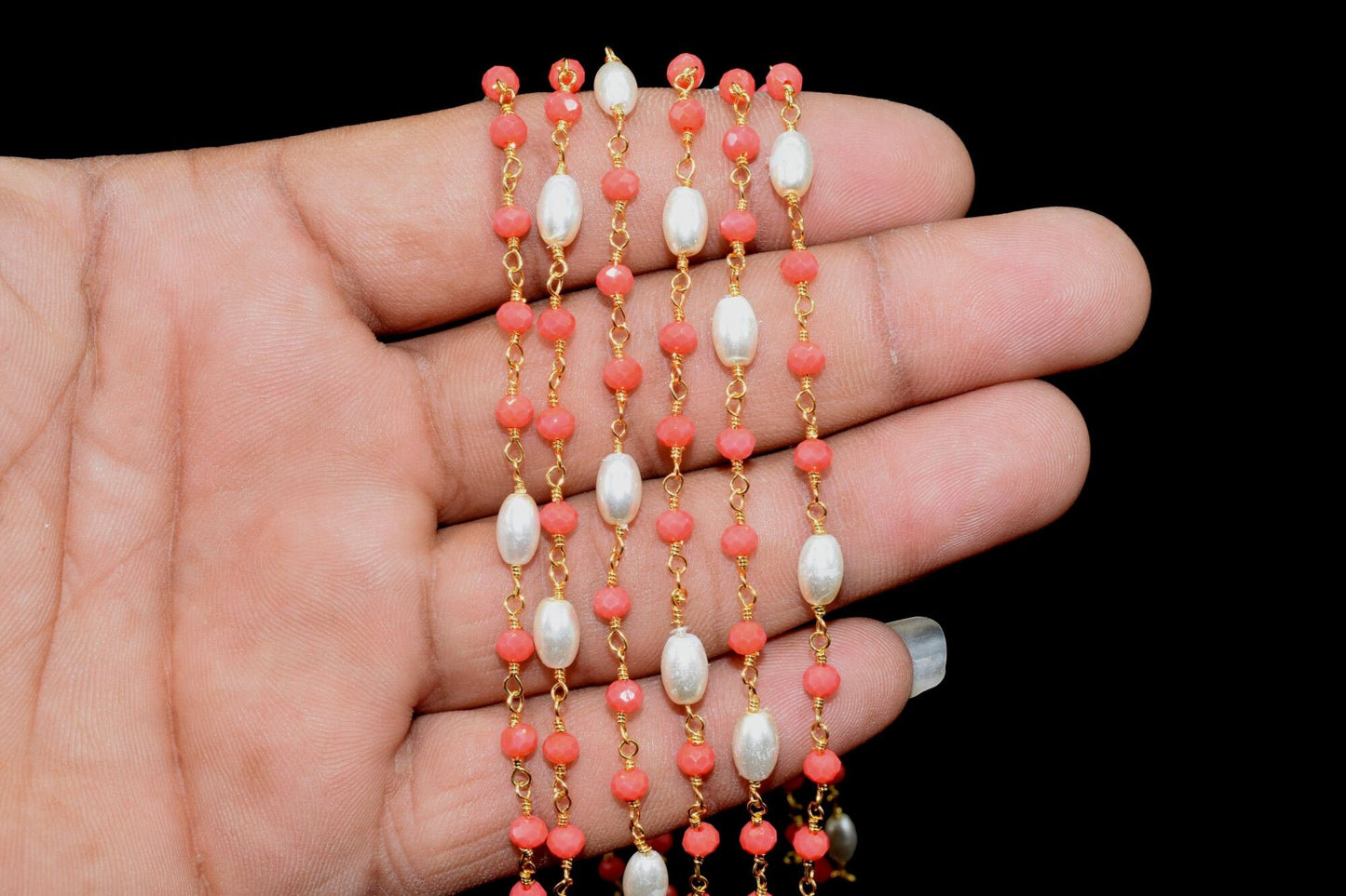 Red Coral Hydro Faceted Rondelle Beaded Rosary Chain,Finding Wire Wrap Chain,Pearl Rosary Chain,Gold Plated Rosary Chain,Jewelry Making Gift