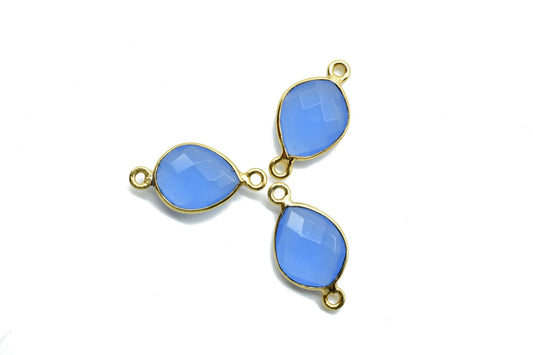 Blue Chalcedony 10x13mm Eye shape double loop charms,Blue Chalcedony pendants, Gold Plated,double Bail Connectors,Jewelry Bezel Set Charms