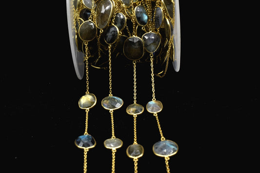 Blue Flashy Labradorite connector link Chain-Natural Labradorite Bezel Chain,Labradorite Oval Shape Connector Chain,Labradorite bezeld chain