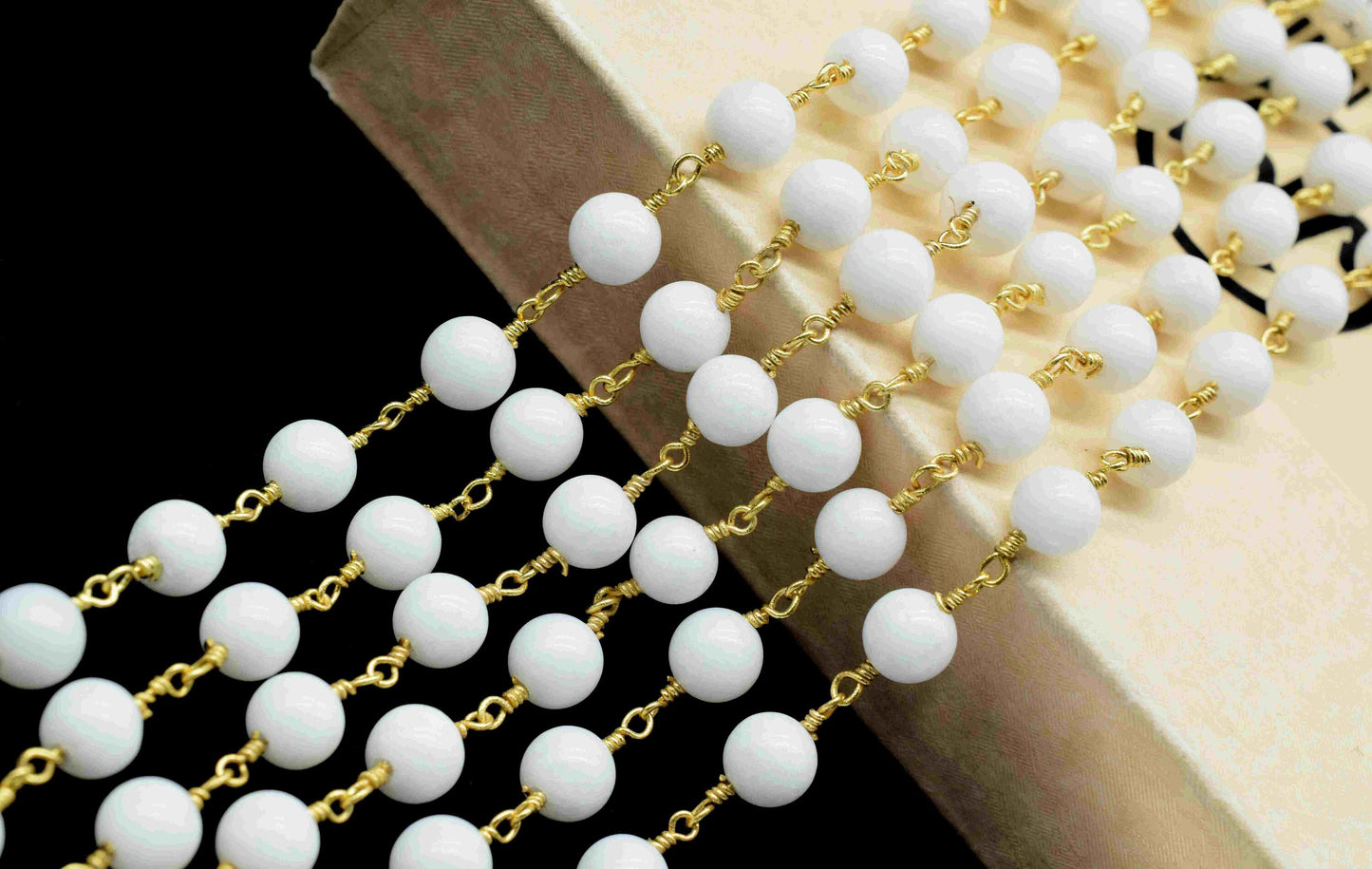 White jade Beaded Rosary Chain Jewelry,White jade Wire Wrapped Gold Plating Beads Chain,White jade Smooth Gemstone 6mm Smooth Bead Chain